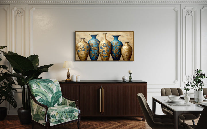 Blue Gold Vases Canvas Wall Art in dining room