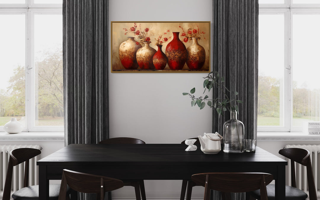 Red Gold Vases With Flowers canvas wall art in dining room