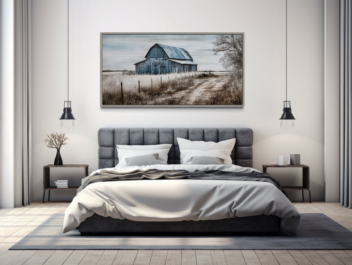 Old Blue Barn Rustic Painting Farmhouse Canvas Wall Art above bed