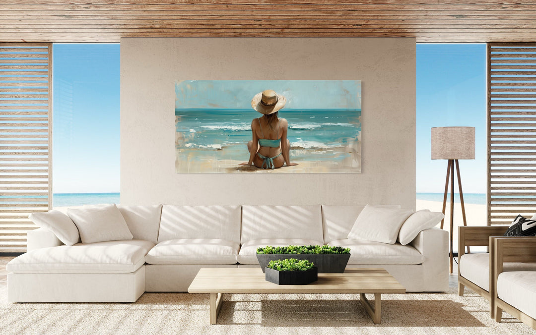 Beautiful Woman In Swimming Suit And Hat On The Beach Framed Canvas Wall Art