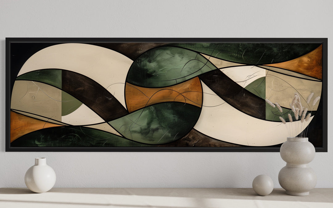 Green Brown Mid Century Modern Horizontal Above Bed Wall Art close up