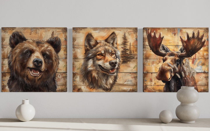 Moose, Bear, Wolf Wildlife Cabin Decor Framed Canvas Wall Art close up