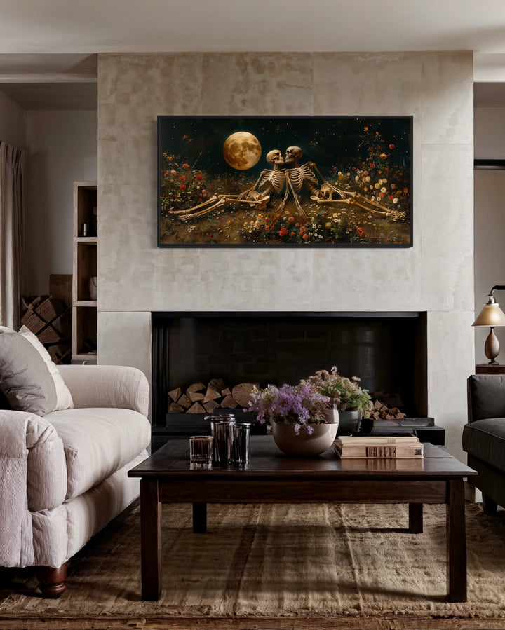 Eternal Love Skeletons in Flowers Meadow Under Moon Gothic Wall Art above fireplace