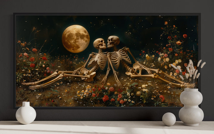 Eternal Love Skeletons in Flowers Meadow Under Moon Gothic Wall Art close up