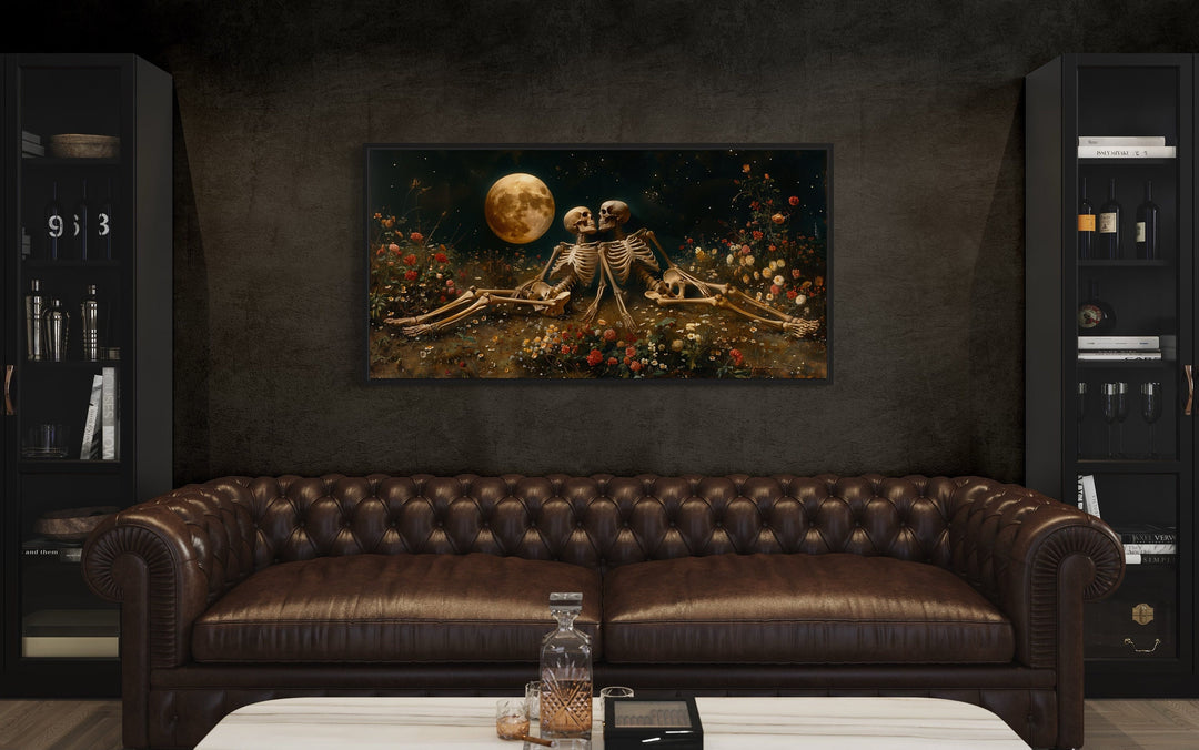 Eternal Love Skeletons in Flowers Meadow Under Moon Gothic Wall Art
