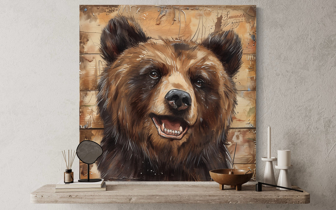 Cute Bear Portrait on Distressed Wood Framed Cabin Wall Decor close up