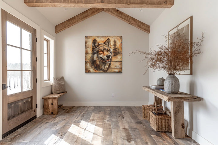 Rustic Wolf Painting On Wood Framed Canvas Wall Art in cabin