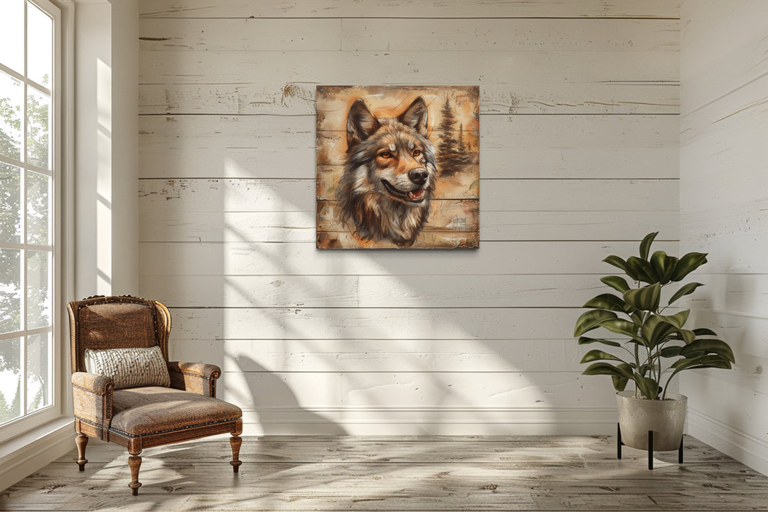 Rustic Wolf Painting On Wood Framed Canvas Wall Art in cabin