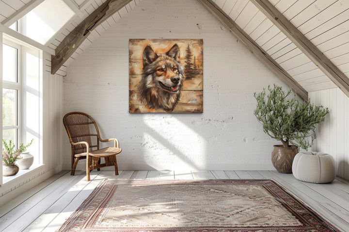 Rustic Wolf Painting On Wood Framed Canvas Wall Art in cabin