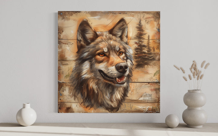 Rustic Wolf Painting On Wood Framed Canvas Wall Art close up