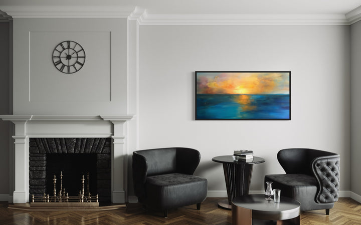 Yellow Gold Navy Abstract Ocean Sunset Living Room Framed Canvas Wall Art in the office