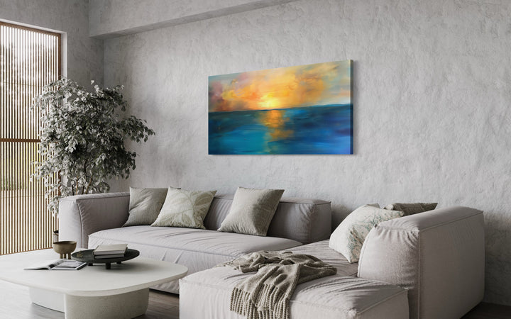Yellow Gold Navy Abstract Ocean Sunset Living Room Framed Canvas Wall Art above grey couch