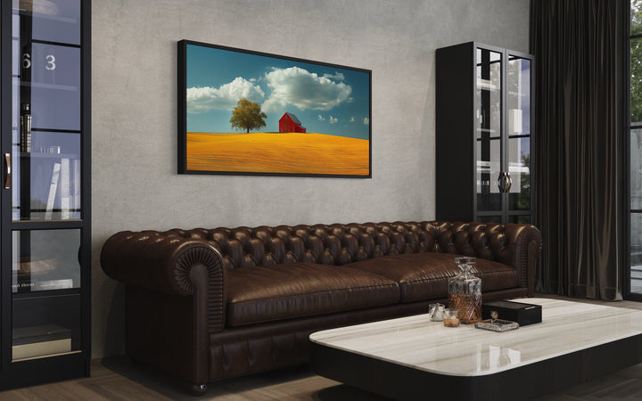Yellow Field Red Barn Landscape Modern Farm Framed Canvas Wall Art above brown couch