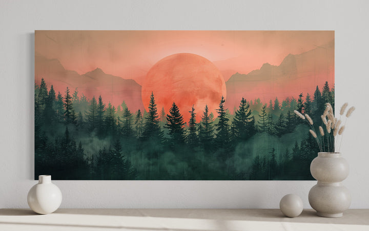 Green And Pink Sun Setting Over Forest Framed Canvas Wall Art