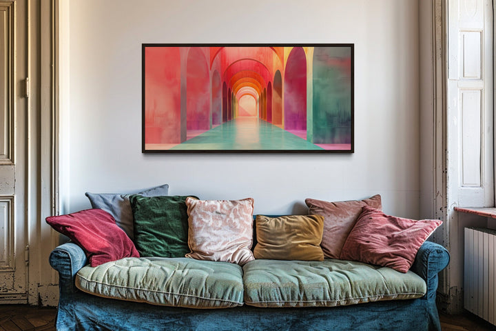 Mediterranean Archways Architecture Green And Pink Wall Art above couch