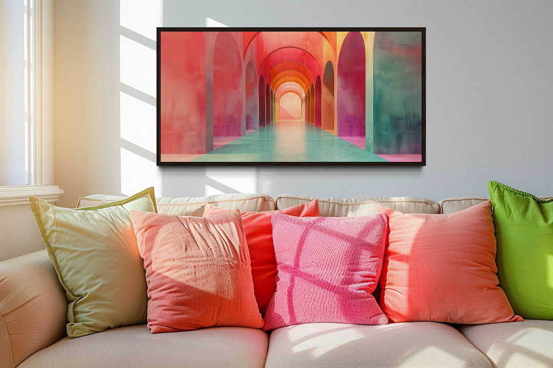 Mediterranean Archways Architecture Green And Pink Wall Art above couch