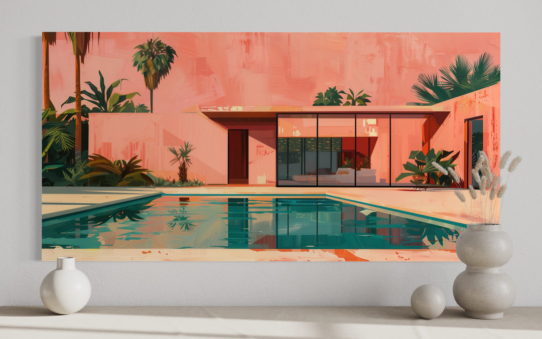 Green And Pink Mid Century Modern Architecture Wall Art close up