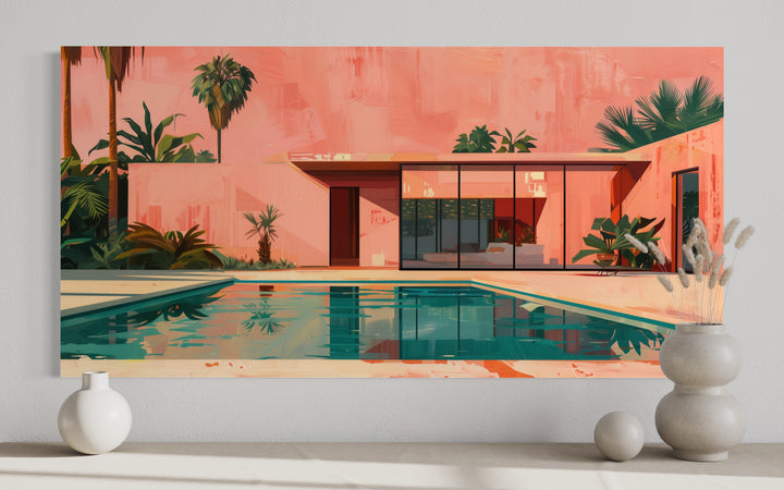 Green And Pink Mid Century Modern Architecture Wall Art close up