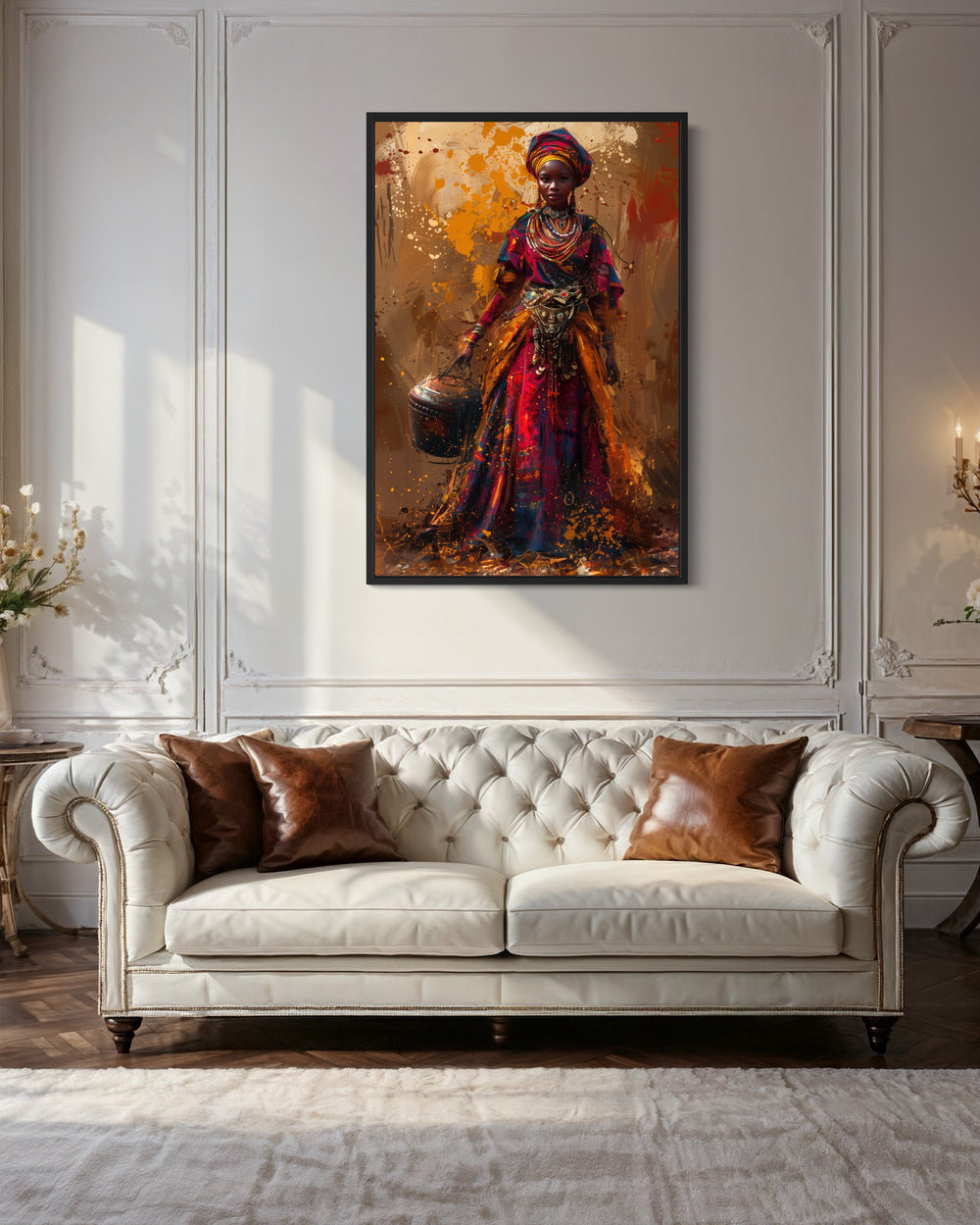 Beautiful African Woman In Traditional Clothes and Bucket Wall Art in living room