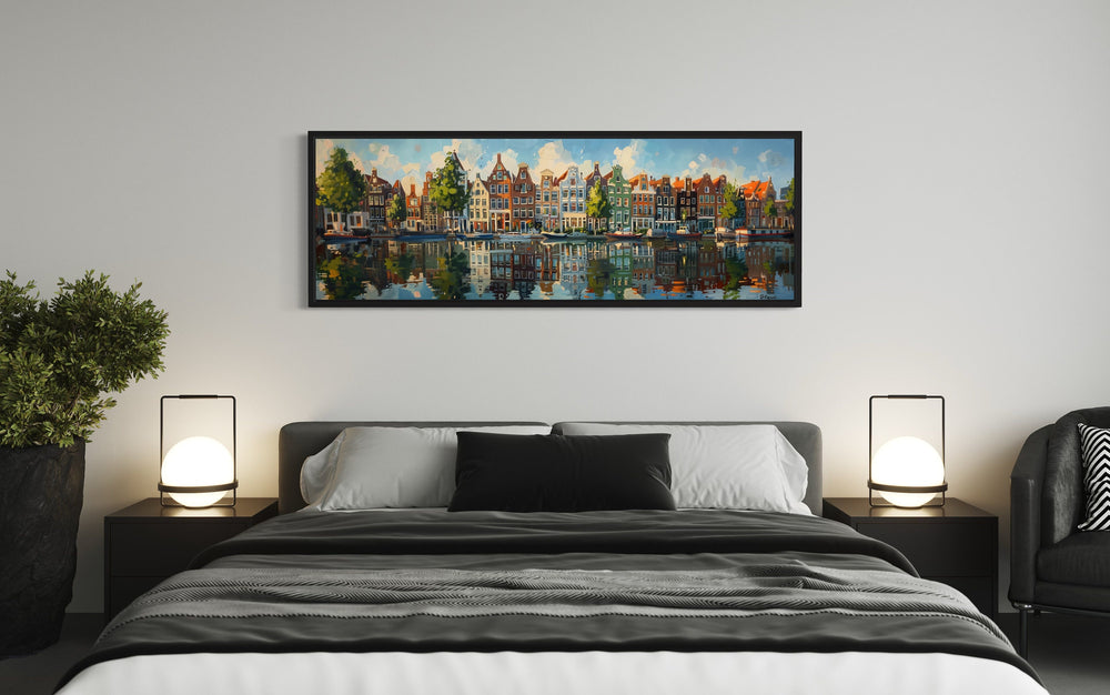 Dutch Houses And Canal Panoramic Framed Canvas Wall Art above bed