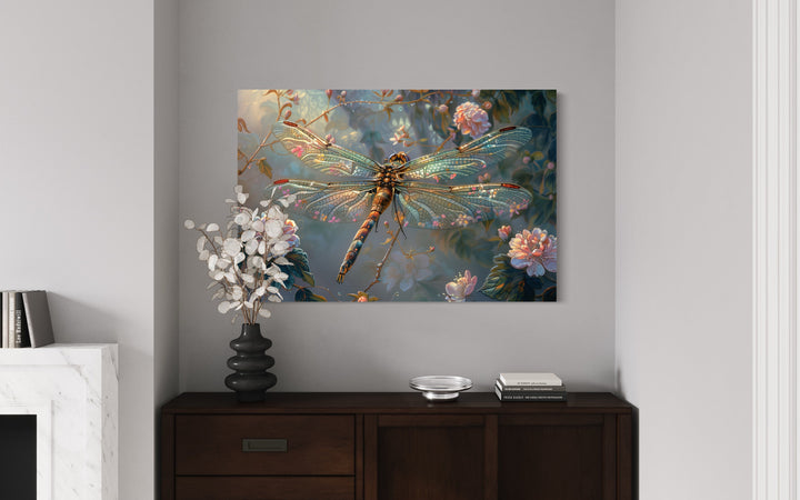 Beautiful Dragonfly On Flowers Delicate Painting Framed Canvas Wall Art