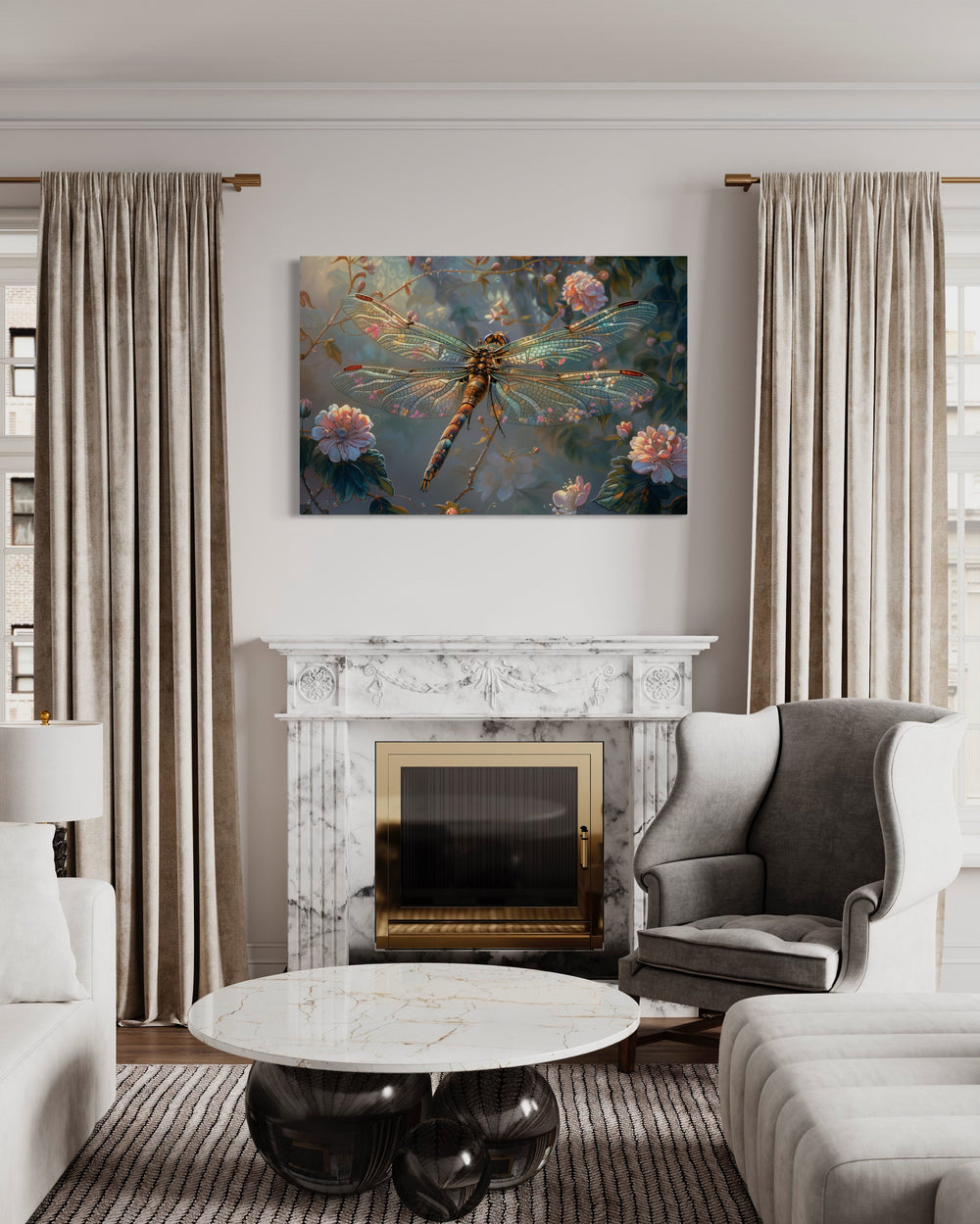 Beautiful Dragonfly On Flowers Delicate Painting Framed Canvas Wall Art above fireplace