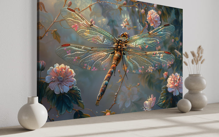 Beautiful Dragonfly On Flowers Delicate Painting Framed Canvas Wall Art side view