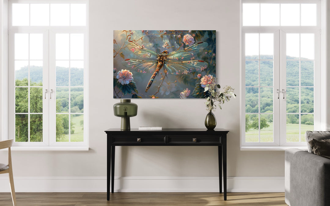 Beautiful Dragonfly On Flowers Delicate Painting Framed Canvas Wall Art above table