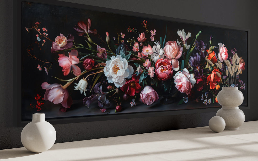 Moody Dark Flowers Antique Panoramic Canvas Wall Art side view