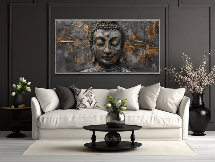 Gold Silver Buddha Modern Extra Large Framed Indian Canvas Wall Art above white couch