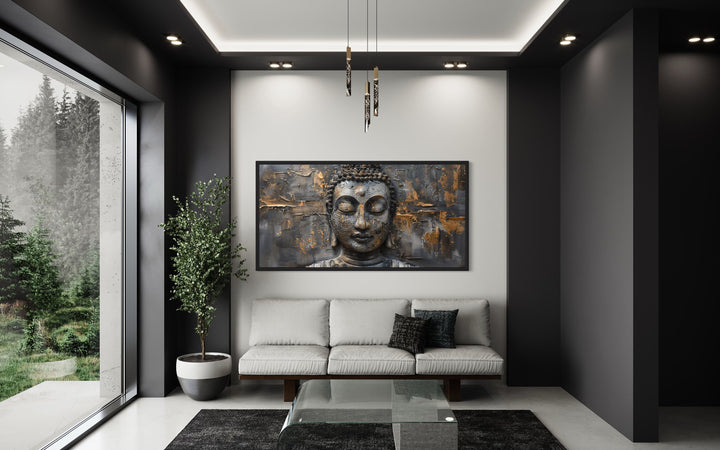 Gold Silver Buddha Modern Extra Large Framed Indian Canvas Wall Art in white black room