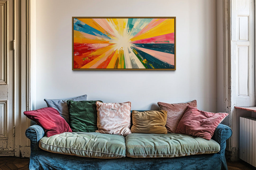 Abstract Multicolored Boho Sun Rays Framed Canvas Wall Art in boho room