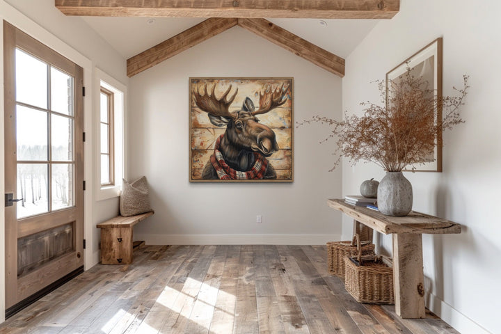 Moose With Red Scarf Painting on Weathered Wood Canvas Print in rustic cabin