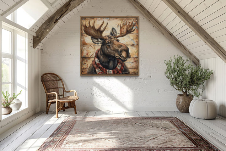 Moose With Red Scarf Painting on Weathered Wood Canvas Print in rustic cabin