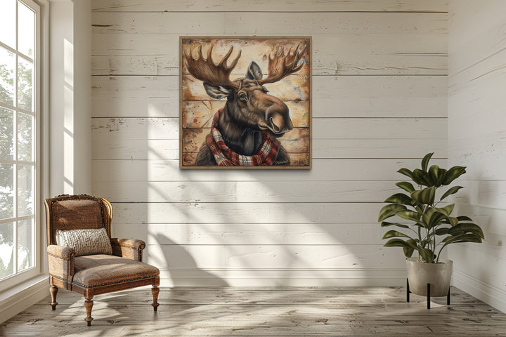 Moose With Red Scarf Painting on Weathered Wood Canvas Print in rustic cabin