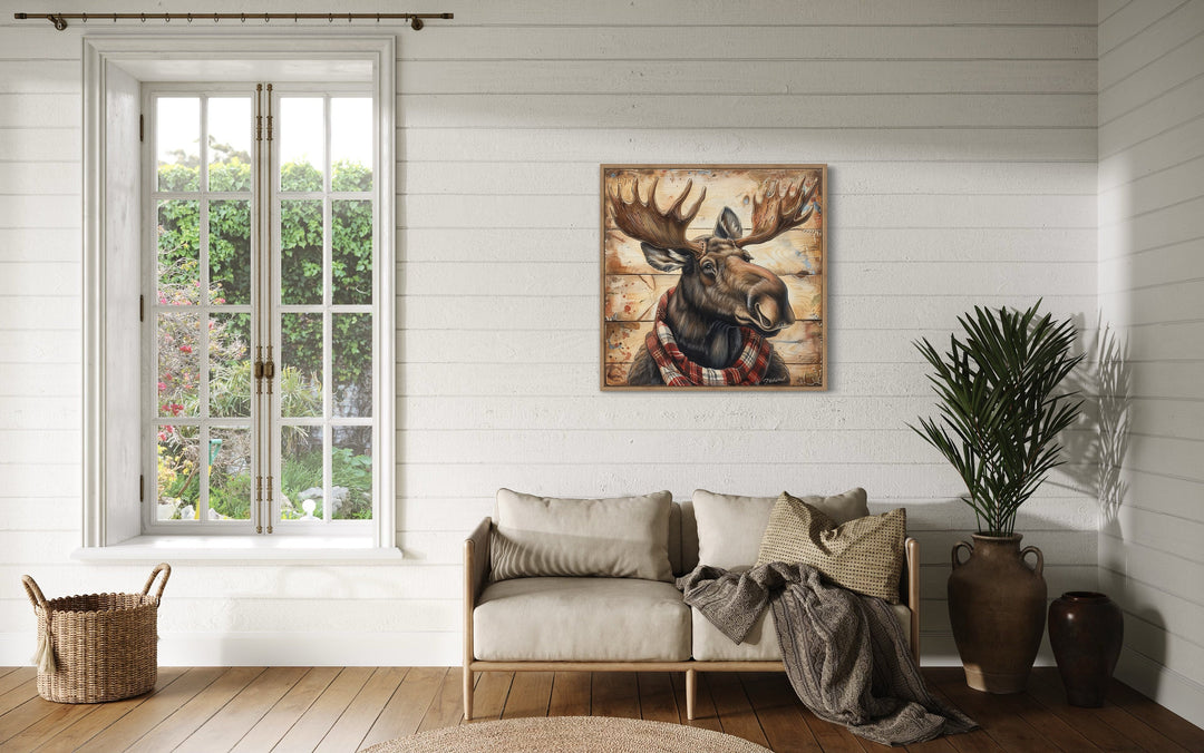 Moose With Red Scarf Painting on Weathered Wood Canvas Print in rustic cabin