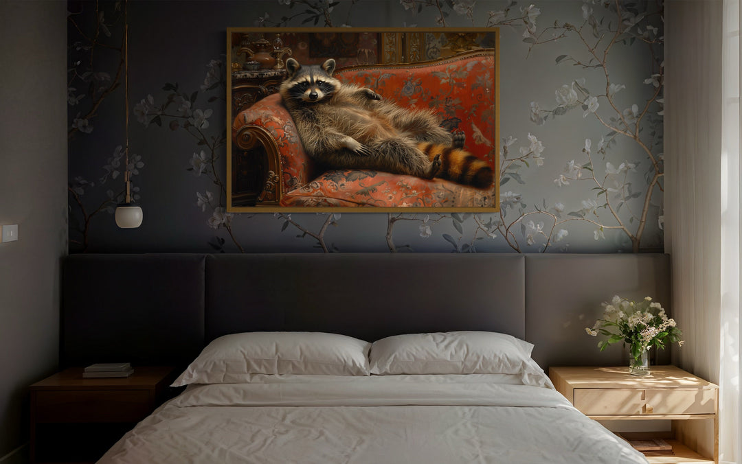 Fat Raccoon Victorian Portrait Framed Canvas Wall Art above bed