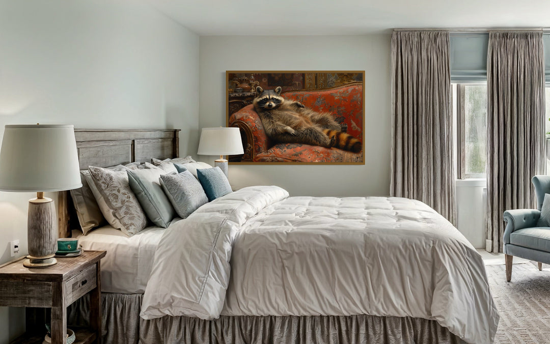 Fat Raccoon Victorian Portrait Framed Canvas Wall Art above bed