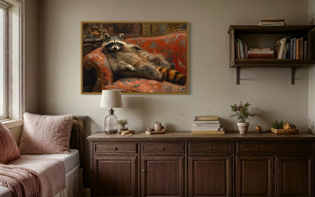 Fat Raccoon Victorian Portrait Framed Canvas Wall Art in living room