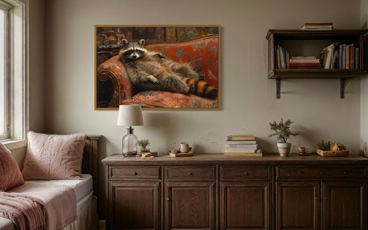 Fat Raccoon Victorian Portrait Framed Canvas Wall Art in living room