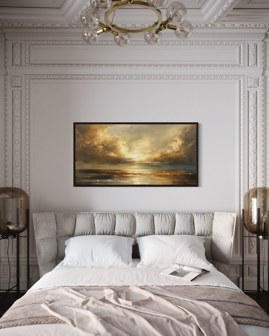 Golden Sunset Over Ocean Seascape Living Room Framed Canvas Wall Art above bed