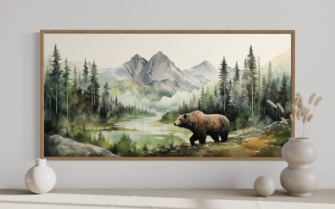 Bear In Wilderness Watercolor Painting Canvas Wall Art close up