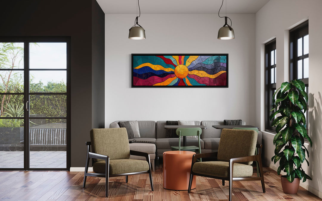 Vibrant Multicolored Sun Long Horizontal Canvas Wall Art in living room