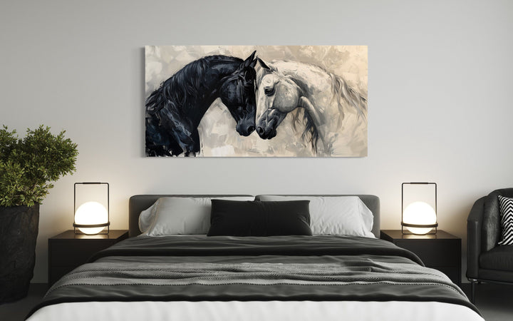 Black White Horses Hugging Framed Canvas Wall Art