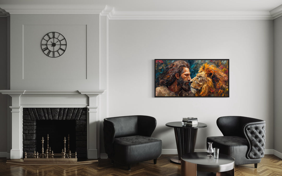 Jesus And The Lion Abstract Modern Christian Framed Canvas Wall Art in the office