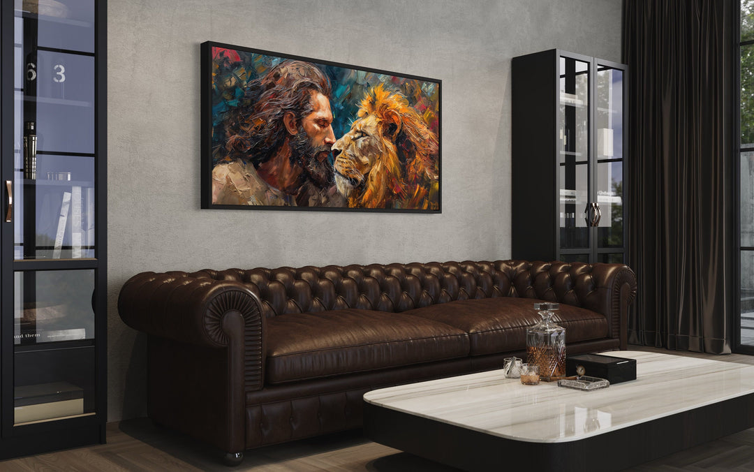 Jesus And The Lion Abstract Modern Christian Framed Canvas Wall Art in man cave