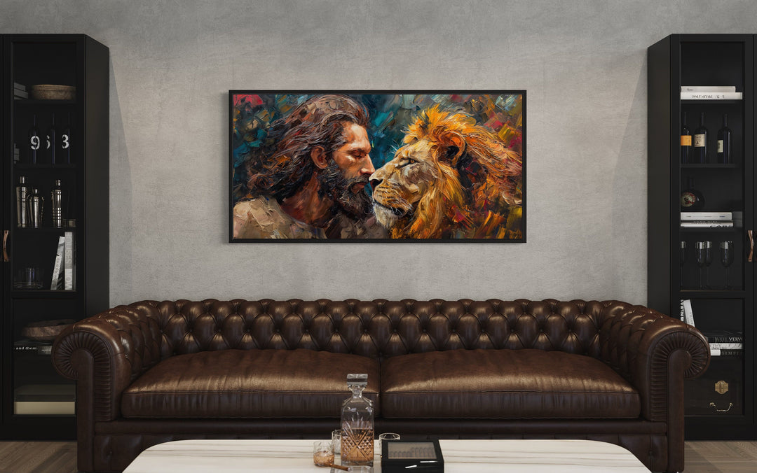 Jesus And The Lion Abstract Modern Christian Framed Canvas Wall Art above brown couch