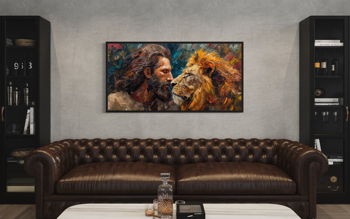 Jesus And The Lion Abstract Modern Christian Framed Canvas Wall Art above brown couch