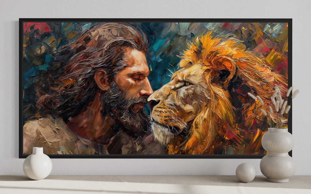 Jesus And The Lion Abstract Modern Christian Framed Canvas Wall Art close up