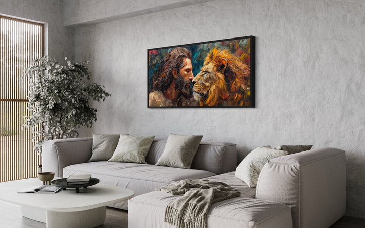 Jesus And The Lion Abstract Modern Christian Framed Canvas Wall Art above couch